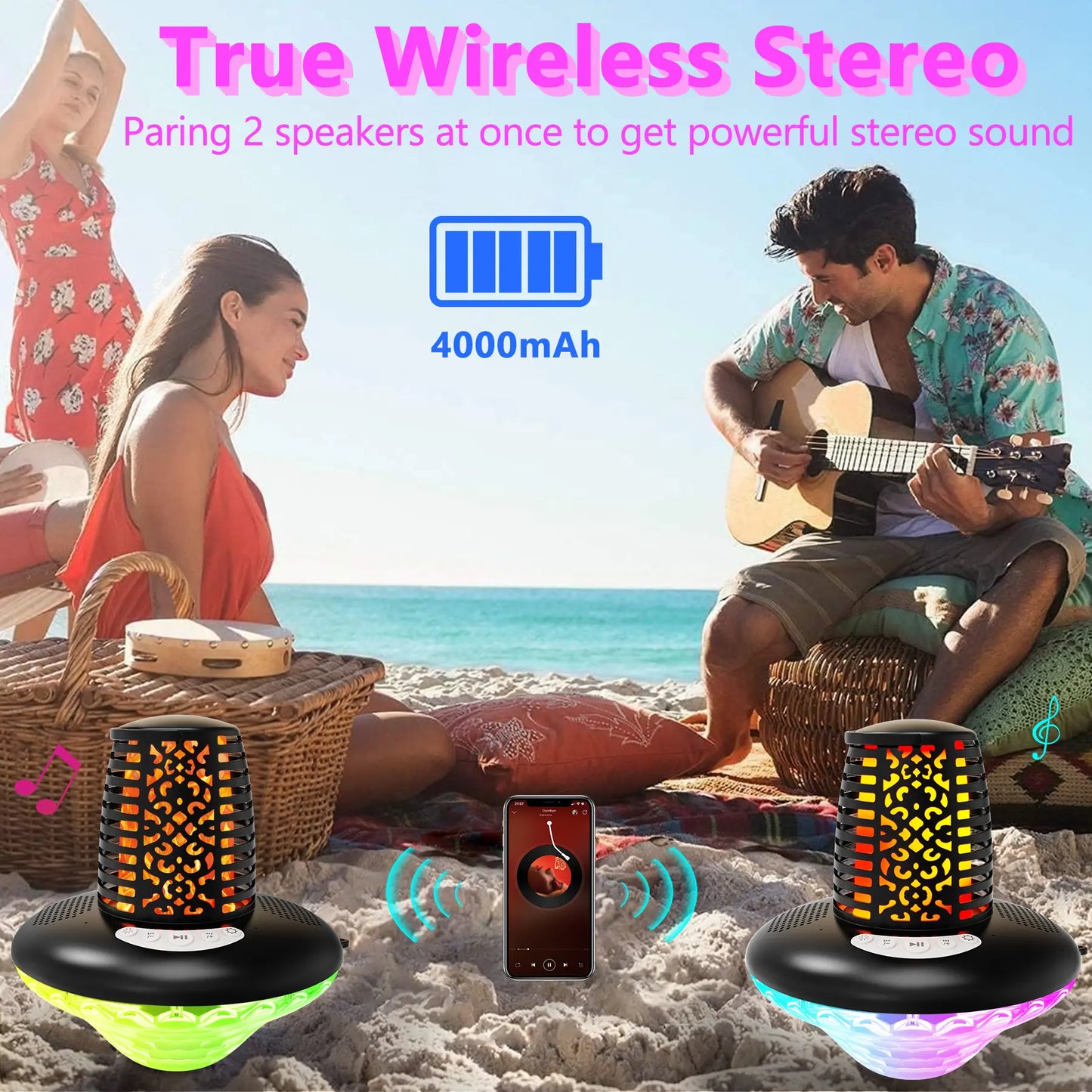Floating Pool Speaker Bluetooth 5.1 with LED Flame & RGB Lights IP68 Waterproof TWS Pairing Built-In Mic Colorful Audio for Pool Hot Tub Black Stereo Sound Dual Pairing - Button Handle Wireless