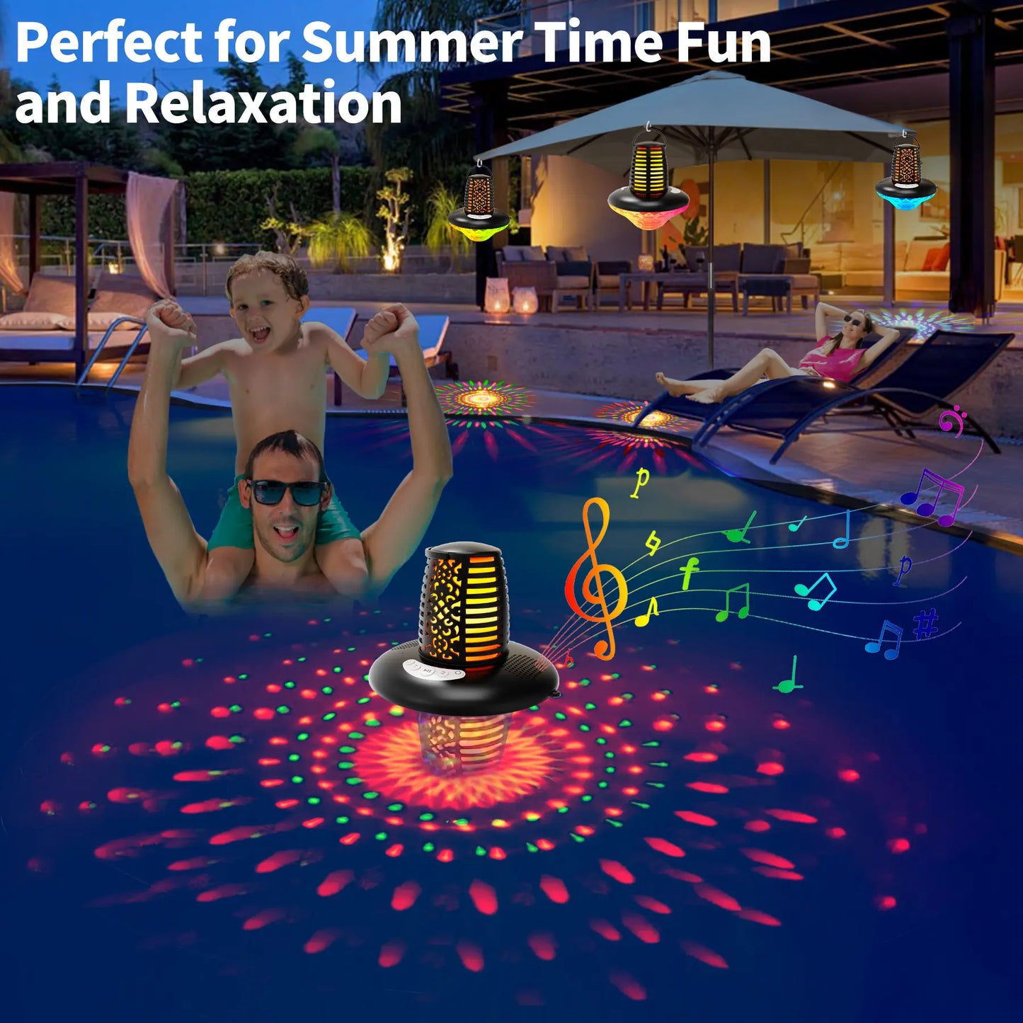 Floating Pool Speaker Bluetooth 5.1 with LED Flame & RGB Lights IP68 Waterproof TWS Pairing Built-In Mic Colorful Audio for Pool Hot Tub Black Stereo Sound Dual Pairing - Button Handle Wireless