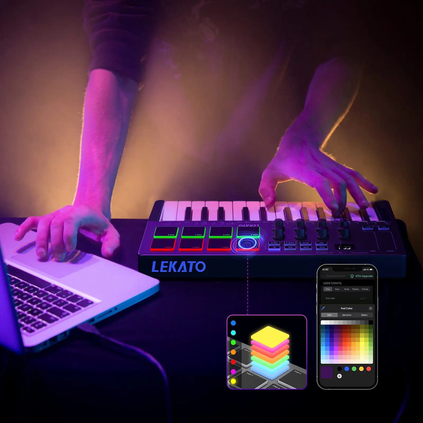 LEKATO SMK-25 USB 25 Key MIDI Keyboard Controller with 8 Backlit Drum Pads, Bluetooth Semi Weighted Dynamic Keybed 8 Knobs and Music Production, Smart Scales, Chords, Software Included, Back to School