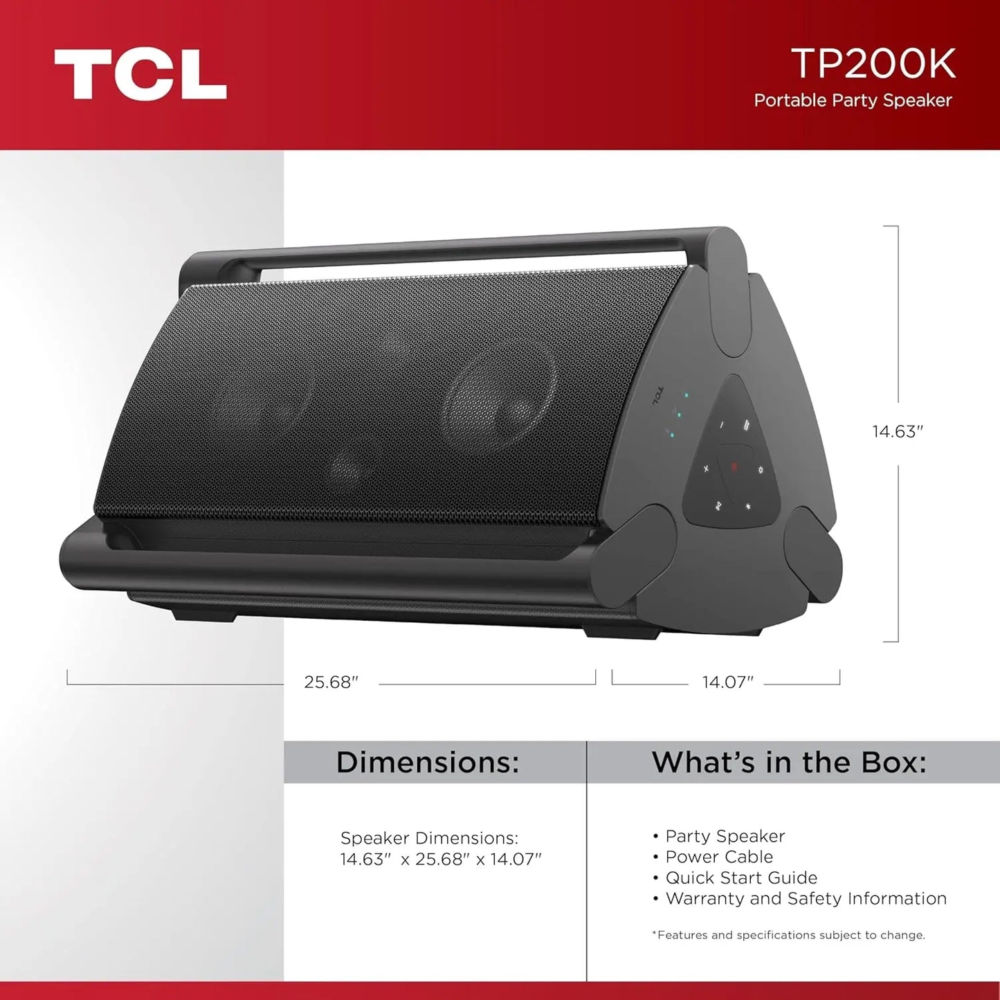 TCL TP300K & TP200K Portable Bluetooth Party Speaker with 8 RGB Dynamic Light Shows, 18 Hr Battery, and IPX4 Splash-Proof Rating