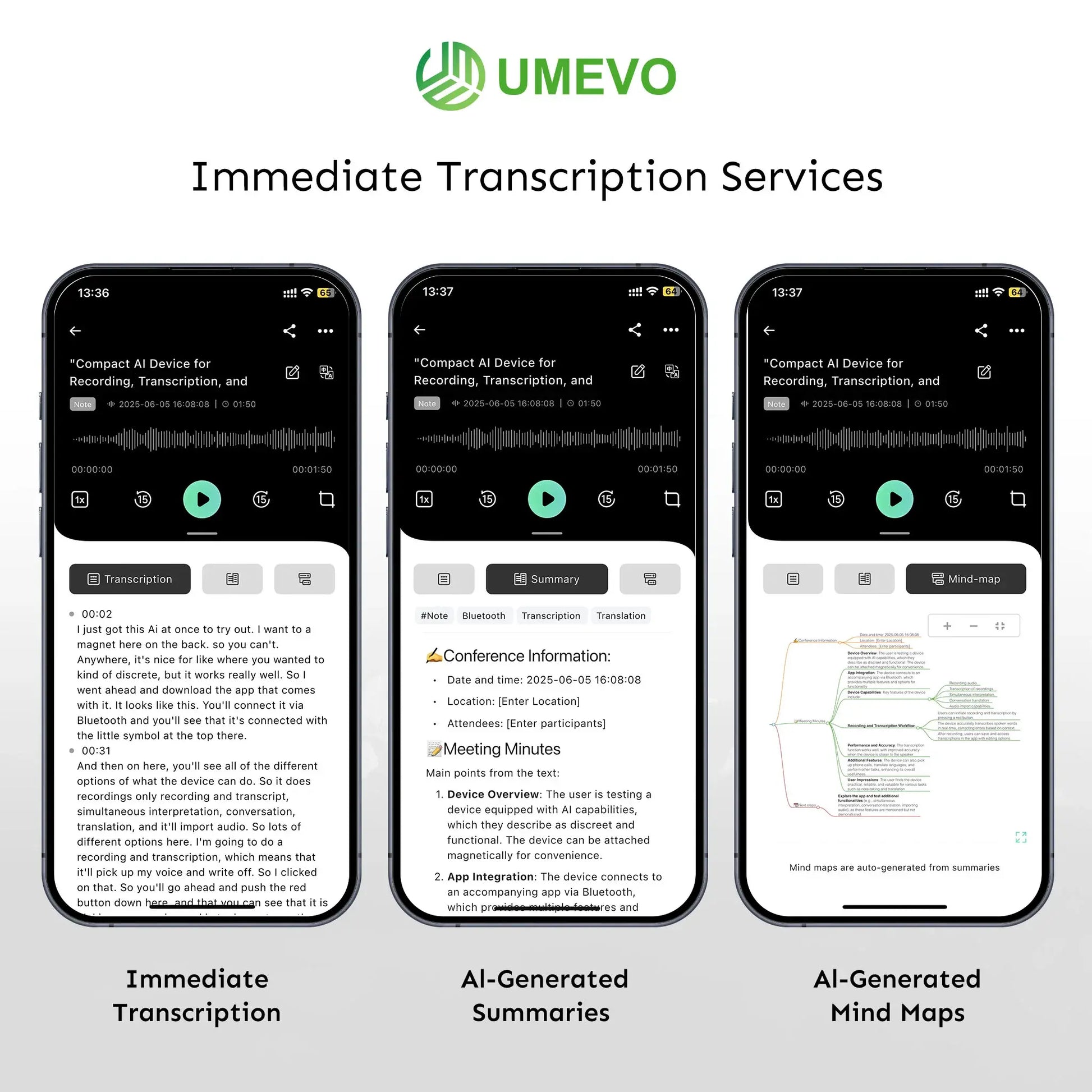UMEVO Note Professional AI Voice Recorder for Business Meetings, Calls & Interviews,50-Hour Battery Life, AI Transcription