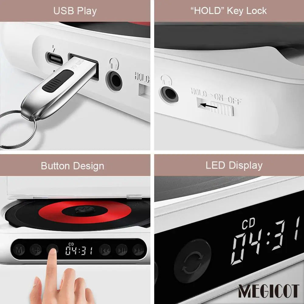 MEGICOT Portable Bluetooth-Compatible CD Player, Multifunction Rechargeable CD Player with LED Display, Portable Speaker CD Music Player for Home and Outdoor Use #GLOBAL PICKS