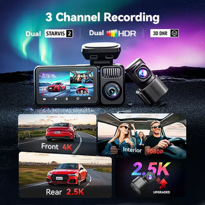 REDTIGER F17 Elite 4K 3-Channel Dash Cam with STARVIS 2 IMX678 & IMX675, 128GB Card, Full Night Color, 4K+2.5K+1080P Front Rear Inside, Touch Screen, Voice Control, 5Ghz Wifi 6, GPS, HDR, Parking Mode, 24 Hours Recording, Car Rvibes, Car VLOG,