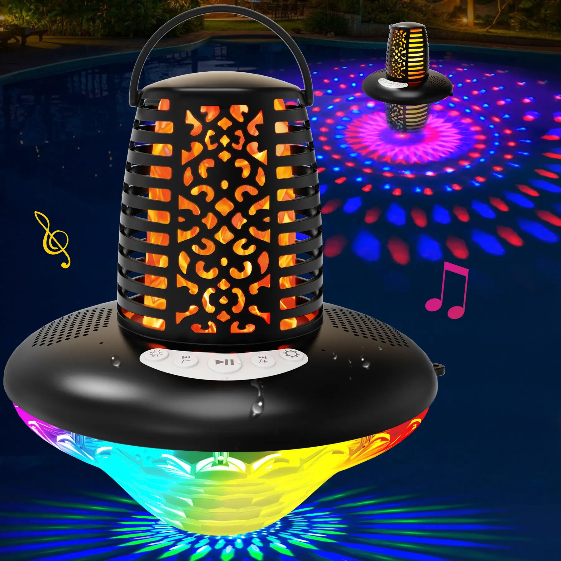 Floating Pool Speaker Bluetooth 5.1 with LED Flame & RGB Lights IP68 Waterproof TWS Pairing Built-In Mic Colorful Audio for Pool Hot Tub Black Stereo Sound Dual Pairing - Button Handle Wireless