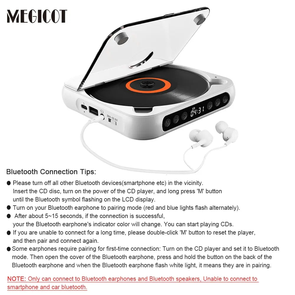 MEGICOT Portable Bluetooth-Compatible CD Player, Multifunction Rechargeable CD Player with LED Display, Portable Speaker CD Music Player for Home and Outdoor Use #GLOBAL PICKS
