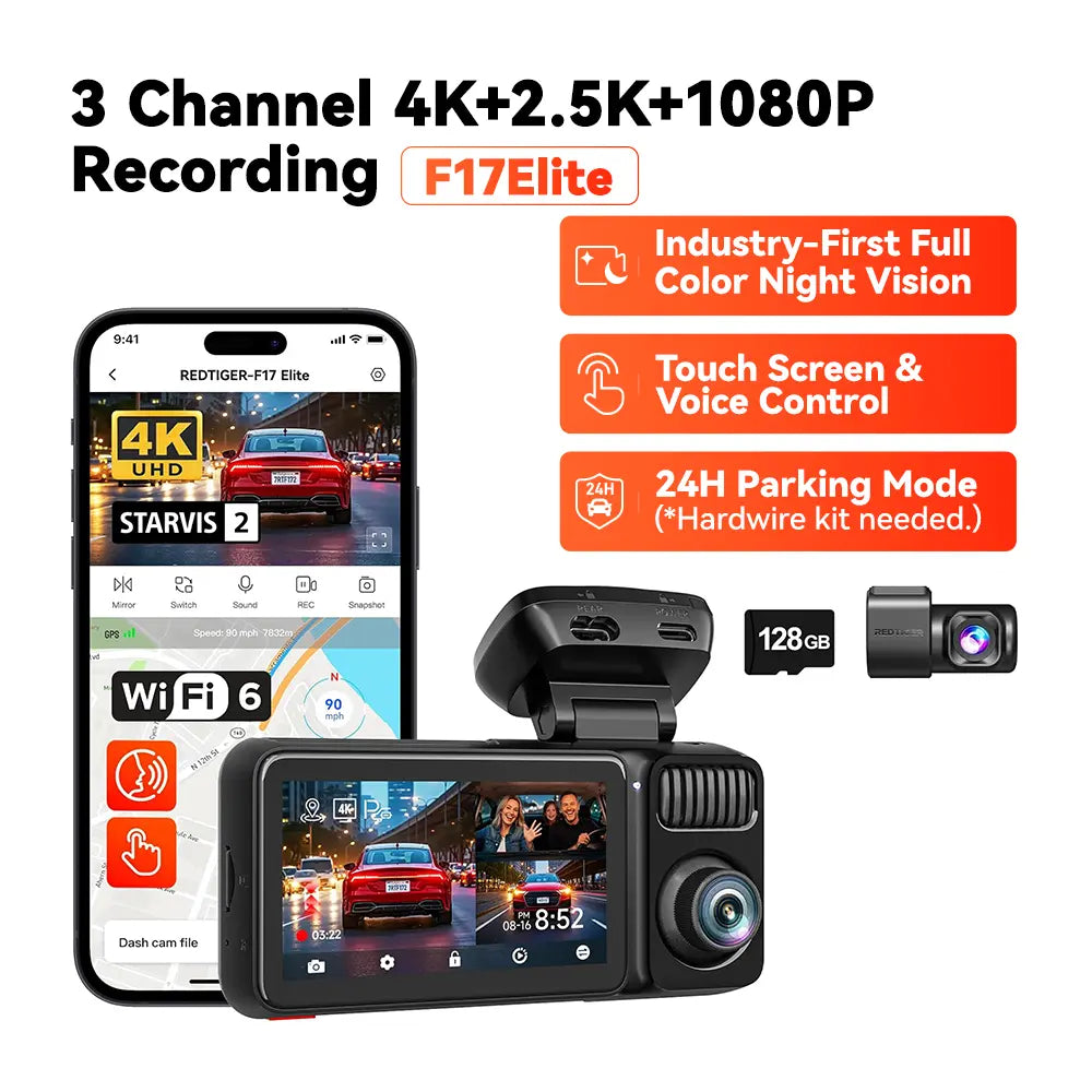 REDTIGER F17 Elite 4K 3-Channel Dash Cam with STARVIS 2 IMX678 & IMX675, 128GB Card, Full Night Color, 4K+2.5K+1080P Front Rear Inside, Touch Screen, Voice Control, 5Ghz Wifi 6, GPS, HDR, Parking Mode, 24 Hours Recording, Car Rvibes, Car VLOG,