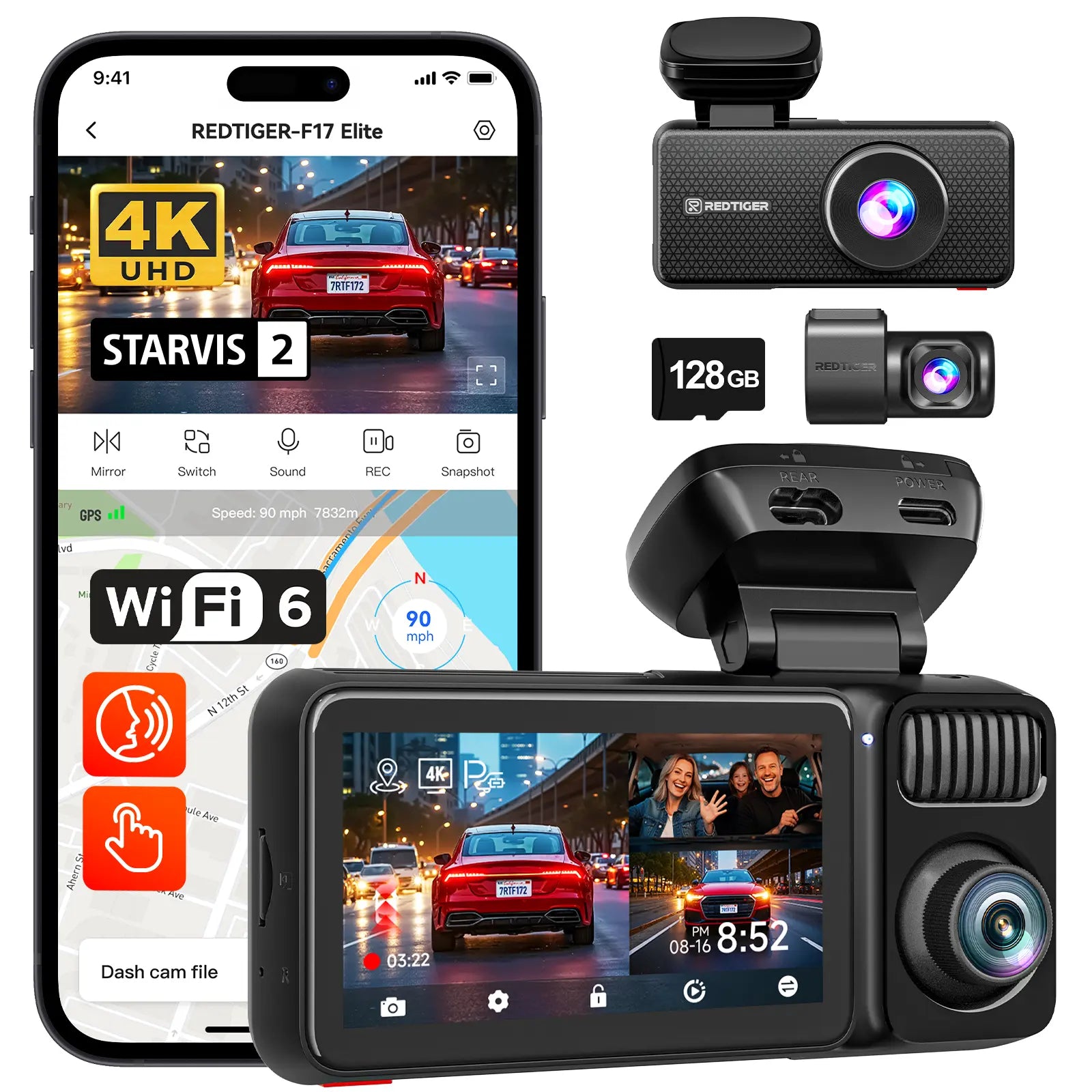 REDTIGER F17 Elite 4K 3-Channel Dash Cam with STARVIS 2 IMX678 & IMX675, 128GB Card, Full Night Color, 4K+2.5K+1080P Front Rear Inside, Touch Screen, Voice Control, 5Ghz Wifi 6, GPS, HDR, Parking Mode, 24 Hours Recording, Car Rvibes, Car VLOG,
