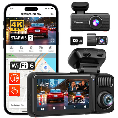 REDTIGER F17 Elite 4K 3-Channel Dash Cam with STARVIS 2 IMX678 & IMX675, 128GB Card, Full Night Color, 4K+2.5K+1080P Front Rear Inside, Touch Screen, Voice Control, 5Ghz Wifi 6, GPS, HDR, Parking Mode, 24 Hours Recording, Car Rvibes, Car VLOG,