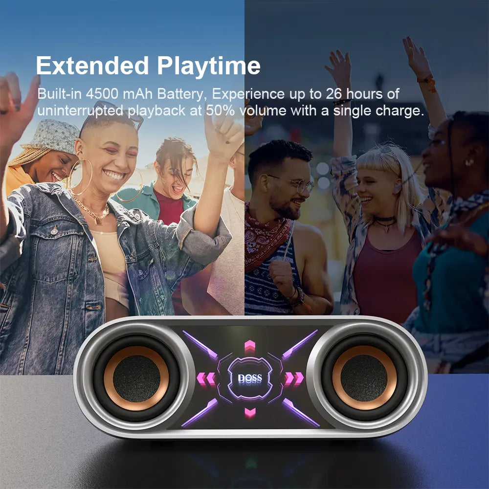 DOSS Soundbox Pro+ P400 Multifunctional Wireless Speaker - 50W Full Range Stereo, Dual 25W Woofer Drivers, DSP Tech, 26H Playtime, 2 Batteries, USB Rechargeable, Portable Outdoor, Smartphone Audio, Home Use, Black with Phantom Mirror Light Show,Summervibe